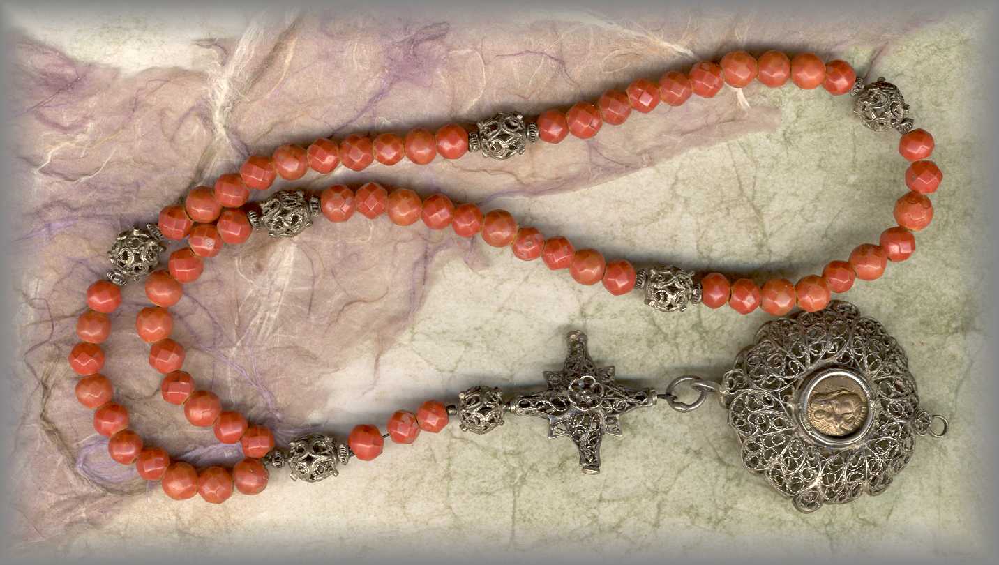 ANTIQUE ROSARY: 18c faceted coral filigree - Bavaria - click for more information