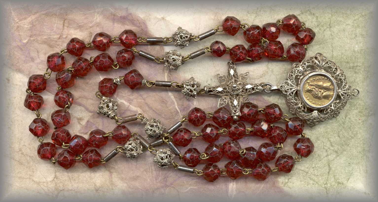 ANTIQUE ROSARY: 19c faceted red glass filigree - Bavaria
