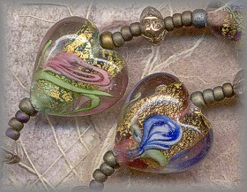 CHAPLET: closeup of handmade heart beads