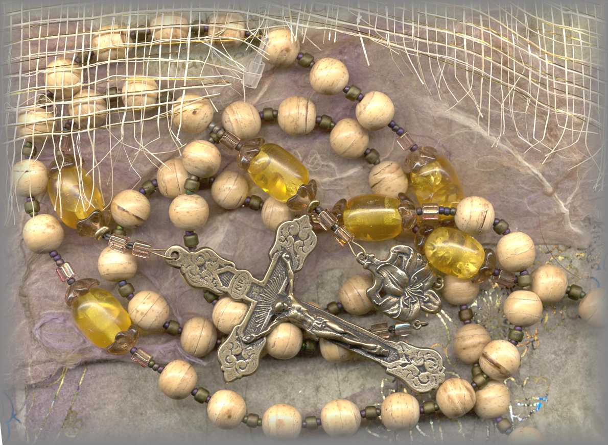 ROSARY - full view of the amber and wood rosary