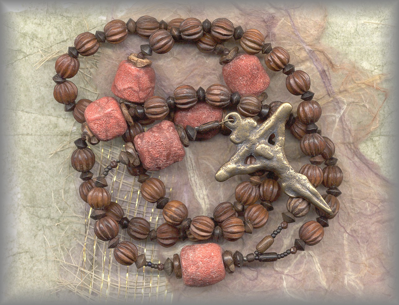 ROSARY - full view of hand carved wooden bead rosary